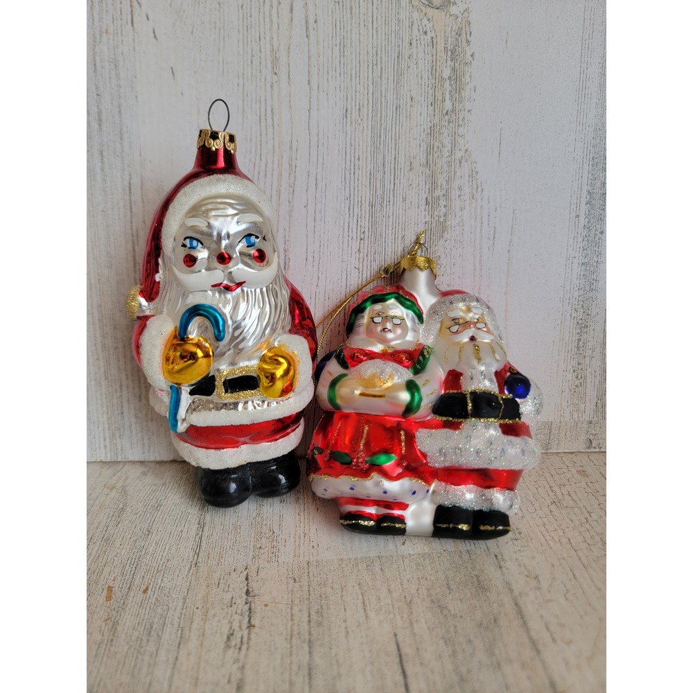 Santa Claus mrs glass ornament vintage Xmas set candy cane cake